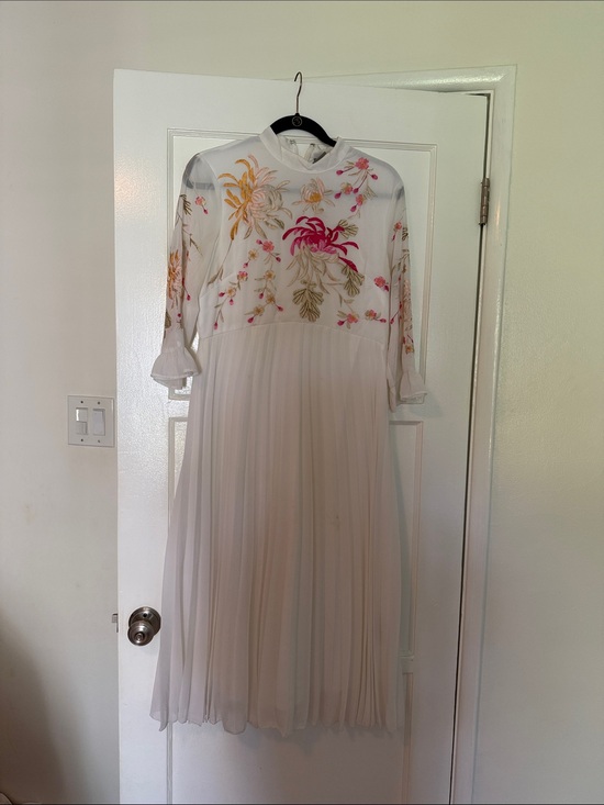 Dresses & Skirts - White Floral Pleated Midi Dress with Pink & Yellow Embroidery-maternity dress